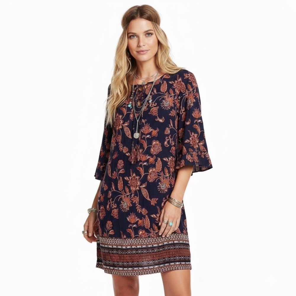 beachlunchlounge Navy and Red Floral Midi Dress Boho Earthy Hippie Coastal M
